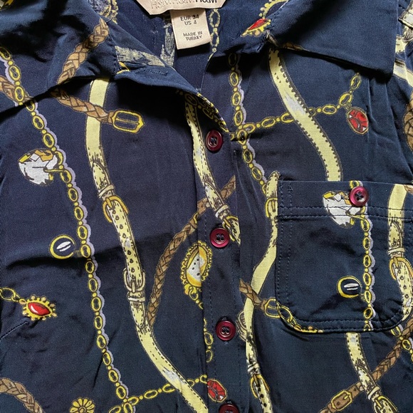H&M Navy Blue Retro Style Watch Chain Print Midi Belted Shirt Dress - Size 4 XS - Picture 2 of 3